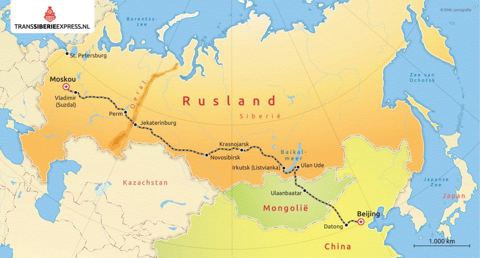 Route kaart Trans Mongolie Express start in Moskou_